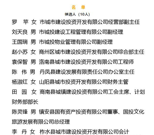 商洛市&ldquo;最美城投人&rdquo;候選人及提名獎名單公示